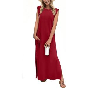 imageGRECERELLE 2025 Women YearRound Casual Round Neck Loose Split WrinkleFree Long Maxi Vacation Dress with Pockets XS3XLWine Red