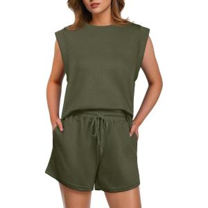 imageGRECERELLE 2025 Womens Summer 2 Piece Outfits Round Neck Cap Sleeve Top with Pocket Short SetsArmy Green