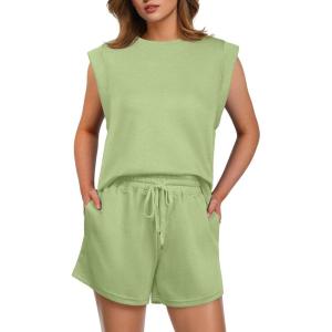 imageGRECERELLE 2025 Womens Summer 2 Piece Outfits Round Neck Cap Sleeve Top with Pocket Short SetsAvocado Green