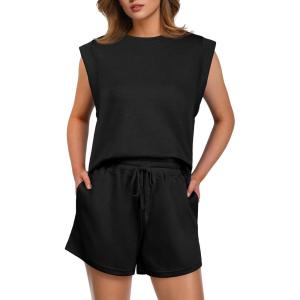 imageGRECERELLE 2025 Womens Summer 2 Piece Outfits Round Neck Cap Sleeve Top with Pocket Short SetsBlack