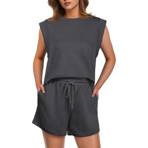 imageGRECERELLE 2025 Womens Summer 2 Piece Outfits Round Neck Cap Sleeve Top with Pocket Short SetsDark Gray