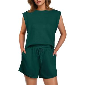 imageGRECERELLE 2025 Womens Summer 2 Piece Outfits Round Neck Cap Sleeve Top with Pocket Short SetsDark Green