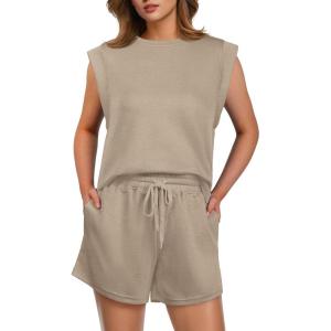 imageGRECERELLE 2025 Womens Summer 2 Piece Outfits Round Neck Cap Sleeve Top with Pocket Short SetsKhaki