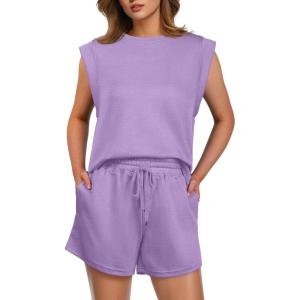 imageGRECERELLE 2025 Womens Summer 2 Piece Outfits Round Neck Cap Sleeve Top with Pocket Short SetsLilac