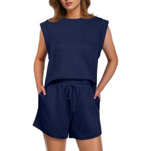 imageGRECERELLE 2025 Womens Summer 2 Piece Outfits Round Neck Cap Sleeve Top with Pocket Short SetsNavy Blue