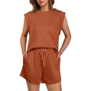 imageGRECERELLE 2025 Womens Summer 2 Piece Outfits Round Neck Cap Sleeve Top with Pocket Short SetsTan