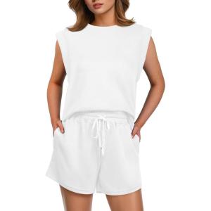 imageGRECERELLE 2025 Womens Summer 2 Piece Outfits Round Neck Cap Sleeve Top with Pocket Short SetsWhite
