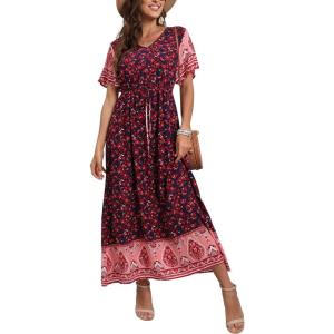 imageGRECERELLE Women Boho Summer Floral Print Loose Casual Dress V Neck Short Sleeve Drawstring Waist Flowy Long Maxi Dresses05 Red Leaf Navy