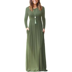 imageGRECERELLE Women Long Sleeve Casual Round Neck Loose Solid Floral Maxi Long Dress with Pockets S3XLArmy Green