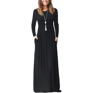 imageGRECERELLE Women Long Sleeve Casual Round Neck Loose Solid Floral Maxi Long Dress with Pockets S3XLBlack