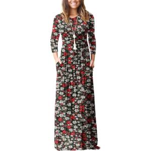 imageGRECERELLE Women Long Sleeve Casual Round Neck Loose Solid Floral Maxi Long Dress with Pockets S3XLBlack Daffodil