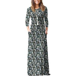 imageGRECERELLE Women Long Sleeve Casual Round Neck Loose Solid Floral Maxi Long Dress with Pockets S3XLBlack Flowers White