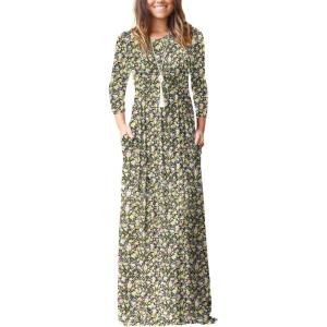 imageGRECERELLE Women Long Sleeve Casual Round Neck Loose Solid Floral Maxi Long Dress with Pockets S3XLBlack Yellow