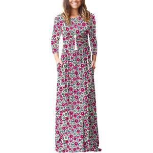 imageGRECERELLE Women Long Sleeve Casual Round Neck Loose Solid Floral Maxi Long Dress with Pockets S3XLBlue Dianthus