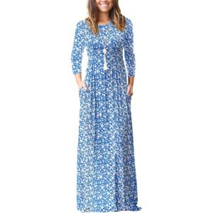 imageGRECERELLE Women Long Sleeve Casual Round Neck Loose Solid Floral Maxi Long Dress with Pockets S3XLBlue Flowers White