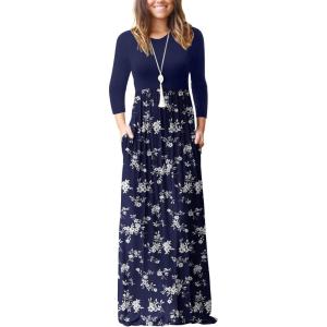 imageGRECERELLE Women Long Sleeve Casual Round Neck Loose Solid Floral Maxi Long Dress with Pockets S3XLBlue Small Flower
