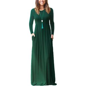 imageGRECERELLE Women Long Sleeve Casual Round Neck Loose Solid Floral Maxi Long Dress with Pockets S3XLDark Green