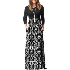 imageGRECERELLE Women Long Sleeve Casual Round Neck Loose Solid Floral Maxi Long Dress with Pockets S3XLFlowers Black White