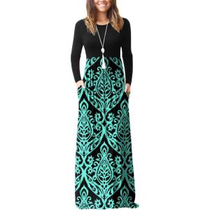 imageGRECERELLE Women Long Sleeve Casual Round Neck Loose Solid Floral Maxi Long Dress with Pockets S3XLFlowers Blue Green