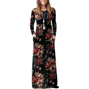 imageGRECERELLE Women Long Sleeve Casual Round Neck Loose Solid Floral Maxi Long Dress with Pockets S3XLFlowers Brown Black