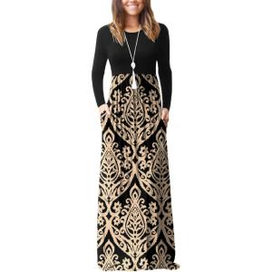imageGRECERELLE Women Long Sleeve Casual Round Neck Loose Solid Floral Maxi Long Dress with Pockets S3XLFlowers Khaki