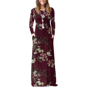 imageGRECERELLE Women Long Sleeve Casual Round Neck Loose Solid Floral Maxi Long Dress with Pockets S3XLFlowers Wine Red