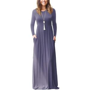 imageGRECERELLE Women Long Sleeve Casual Round Neck Loose Solid Floral Maxi Long Dress with Pockets S3XLGray
