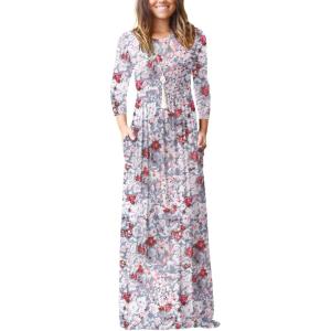 imageGRECERELLE Women Long Sleeve Casual Round Neck Loose Solid Floral Maxi Long Dress with Pockets S3XLGray Azalea