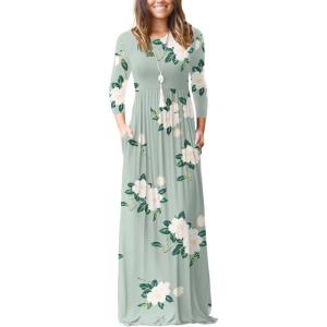 imageGRECERELLE Women Long Sleeve Casual Round Neck Loose Solid Floral Maxi Long Dress with Pockets S3XLGreen Camellia