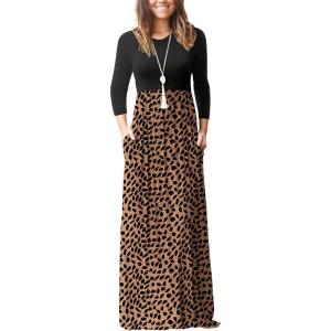 imageGRECERELLE Women Long Sleeve Casual Round Neck Loose Solid Floral Maxi Long Dress with Pockets S3XLKhaki Love