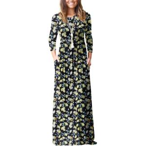imageGRECERELLE Women Long Sleeve Casual Round Neck Loose Solid Floral Maxi Long Dress with Pockets S3XLLemon Black