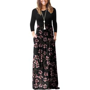 imageGRECERELLE Women Long Sleeve Casual Round Neck Loose Solid Floral Maxi Long Dress with Pockets S3XLMantian March Red
