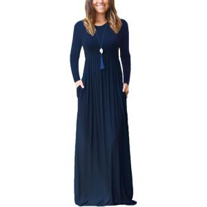 imageGRECERELLE Women Long Sleeve Casual Round Neck Loose Solid Floral Maxi Long Dress with Pockets S3XLNavy Blue