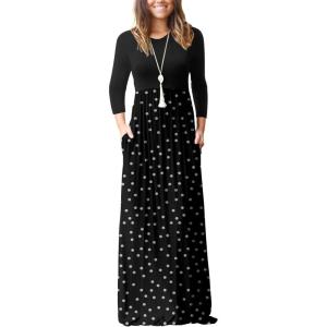 imageGRECERELLE Women Long Sleeve Casual Round Neck Loose Solid Floral Maxi Long Dress with Pockets S3XLPolka Dot White Black