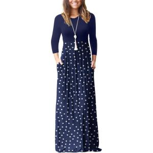 imageGRECERELLE Women Long Sleeve Casual Round Neck Loose Solid Floral Maxi Long Dress with Pockets S3XLPolka Dot White Navy