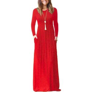 imageGRECERELLE Women Long Sleeve Casual Round Neck Loose Solid Floral Maxi Long Dress with Pockets S3XLRed