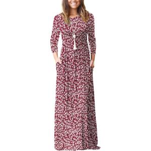 imageGRECERELLE Women Long Sleeve Casual Round Neck Loose Solid Floral Maxi Long Dress with Pockets S3XLRed Sunflower