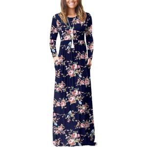 imageGRECERELLE Women Long Sleeve Casual Round Neck Loose Solid Floral Maxi Long Dress with Pockets S3XLRose Navy