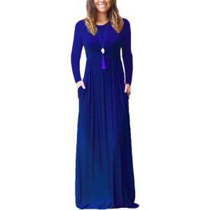 imageGRECERELLE Women Long Sleeve Casual Round Neck Loose Solid Floral Maxi Long Dress with Pockets S3XLRoyal Blue