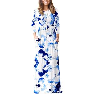 imageGRECERELLE Women Long Sleeve Casual Round Neck Loose Solid Floral Maxi Long Dress with Pockets S3XLWhite Ink Blue