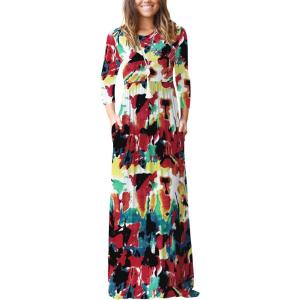 imageGRECERELLE Women Long Sleeve Casual Round Neck Loose Solid Floral Maxi Long Dress with Pockets S3XLWhite Ink Red