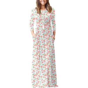 imageGRECERELLE Women Long Sleeve Casual Round Neck Loose Solid Floral Maxi Long Dress with Pockets S3XLWhite Pink Rose