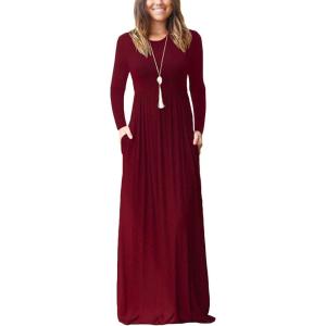 imageGRECERELLE Women Long Sleeve Casual Round Neck Loose Solid Floral Maxi Long Dress with Pockets S3XLWine Red