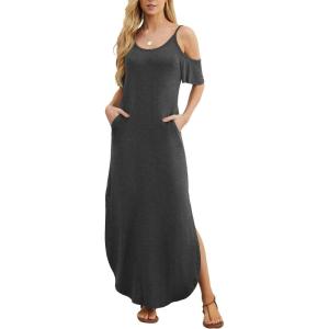 imageGRECERELLE Women Summer Maxi Dresses Casual Loose Strapless Strap Cold Shoulder Short Sleeve Split Long Dress with PocketDark Gray