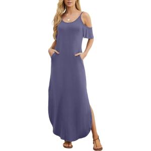 imageGRECERELLE Women Summer Maxi Dresses Casual Loose Strapless Strap Cold Shoulder Short Sleeve Split Long Dress with PocketPurple Gray