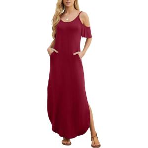imageGRECERELLE Women Summer Maxi Dresses Casual Loose Strapless Strap Cold Shoulder Short Sleeve Split Long Dress with PocketWine Red