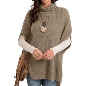 imageGRECERELLE Women Turtleneck Oversized Knit Batwing Sleeveless Loose High Low Hem Side Slit Pullover Sweater01 Khaki