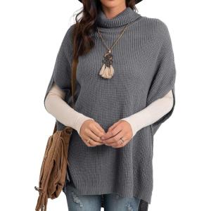 imageGRECERELLE Women Turtleneck Oversized Knit Batwing Sleeveless Loose High Low Hem Side Slit Pullover Sweater03 Dark Gray