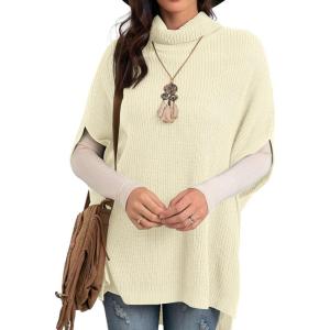 imageGRECERELLE Women Turtleneck Oversized Knit Batwing Sleeveless Loose High Low Hem Side Slit Pullover Sweater11 Cream White