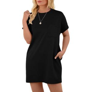 imageGRECERELLE Womens 2025 Casual Summer Shirt Dress Loose Round Neck Mini WrinkleFree Sundress with PocketBlack